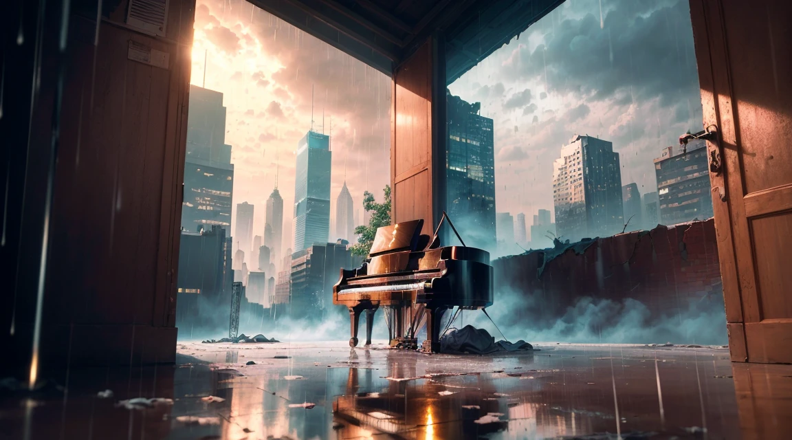(((Artistic image, Half of the image (Surreal scene with a grand piano amongst collapsed walls, Covered grand piano, Dusty, com Teia de Araña), Half of the image ((Opening to abandoned night big city with skyscrapers in the rain), ((Rain in the city):1.5), (Deteriorating skyscraper), (limo, Rust and fragility of buildings), ( Skyscraper with silt), ( Rusty skyscraper), ((A profound precedent):1.5), Architectural details with soft lighting create a dreamy atmosphere, The piano is a symbol of timeless beauty in the midst of decadence., Digital painting with impressionist elements, High detail, Wide-angle shot, Add a bit of mystery to your composition))), (Path Trace), (cyber punk), (Post-apocalyptic), 16K, Ultra-high resolution, Highest quality, Maximum resolution, Surreal, Ultra-detailed