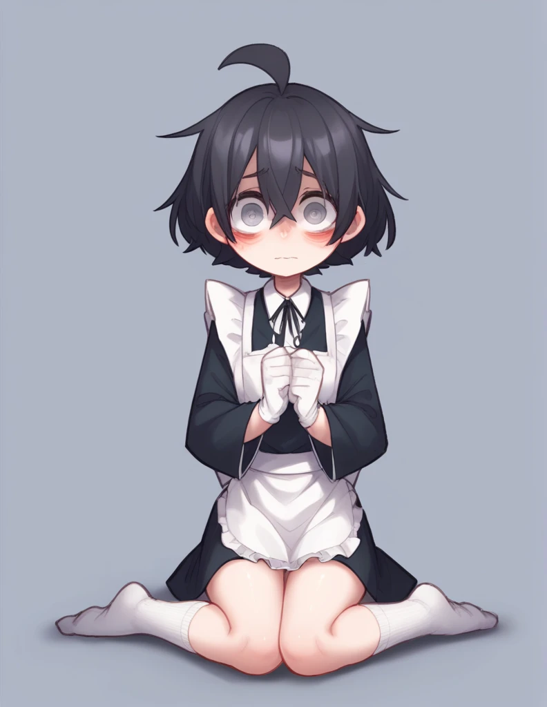 1 girl, alone, ppka, black fur, short hair, messy fur, Ahoge, wellrts, wellrts all over the body, grey eyes, blind eyes, kind eyes, blushing, nervous, cute look, looking at the viewer,
toma una maid, maid, minifalda de maid, traje de maid de manga larga, wide sleeves , long white gloves, white apron, guantes de maid, White socks hasta los muslos, White socks, gorro de maid
Parte de los brazos expuestos, exposed thighs, exposed thigh parts