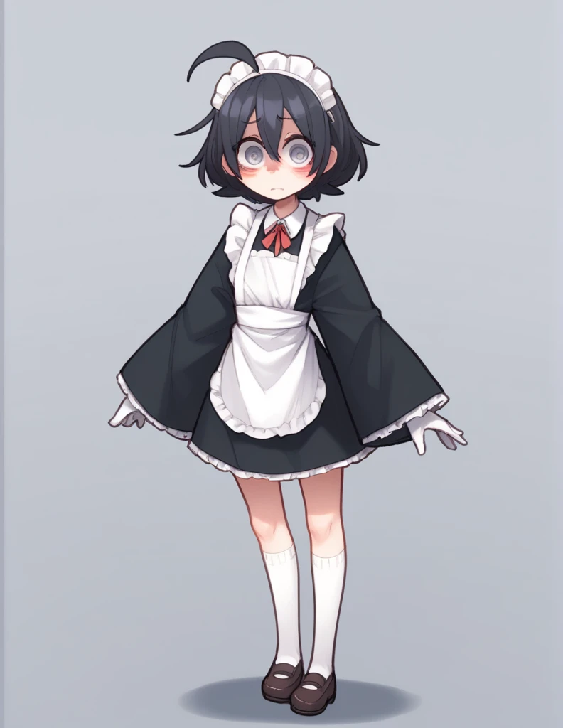 1 girl, alone, ppka, black fur, short hair, messy fur, Ahoge, wellrts, wellrts all over the body, grey eyes, blind eyes, kind eyes, blushing, nervous, cute look, looking at the viewer,
toma una maid, maid, minifalda de maid, traje de maid de manga larga, wide sleeves , long white gloves, white apron, guantes de maid, White socks hasta los muslos, White socks, gorro de maid
Parte de los brazos expuestos, exposed thighs, exposed thigh parts
