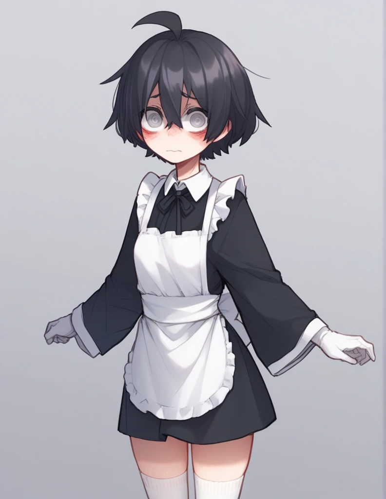 1 girl, alone, ppka, black fur, short hair, messy fur, Ahoge, wellrts, wellrts all over the body, grey eyes, blind eyes, kind eyes, blushing, nervous, cute look, looking at the viewer,
toma una maid, maid, minifalda de maid, traje de maid de manga larga, wide sleeves , long white gloves, white apron, guantes de maid, White socks hasta los muslos, White socks, gorro de maid
Parte de los brazos expuestos, exposed thighs, exposed thigh parts
