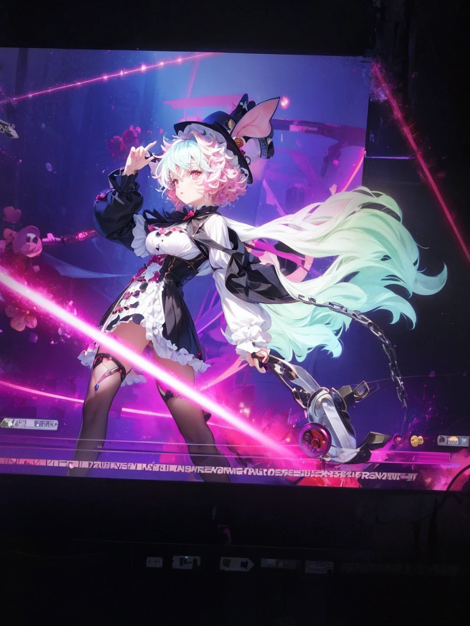 Make me an anime girl with curly pink and blue hair, with clock spring eyes, wonderland style, big black and red queen of heart dress, with a big red bow, and a mad hatter’s hat with bunny ear’s sticking out of the hat, and a big fluffy tail, with a long colorful dress, reference sheet back and front view
