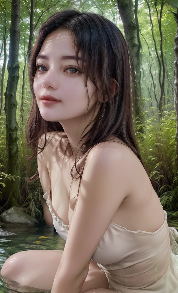 perfect face, full body, "({{1girl:1.1}} {{straight black hair:1.2}}), (artistic + masterpiece:1.4), (incredibly detailed eyes), wearing medieval long cotton nightie clothes)", Drenched hair，The background is a forest, sunset，Lazy expression, Masterpiece: 1.3), (8k, Photorealistic, Photo RAW, Best quality: 1.4), (UHD), (Ultra high realism), (Ultra high definition), (Ultra high detail), (Increase contrast), (Increase saturation), Cute face, Beautiful face, (Realistic face), Beautiful hairstyle, Realistic bright amber eyes, Beautiful details, (Realistic skin), Pale, smooth and luminous skin with iridescent shine and no imperfections, Ultra high definition, Ultra realistic, Highly detailed, (Cleavage: 0.8), sitting on a rock, feet in the water, (masterpiece, best quality, award winning, highres), skinny, intricate and beautiful design, highly detailed beautiful face, super detailed beautiful eyes, light smile, sitting near stream, forest, leaves flow, windy, sun lights through forest, fantasy art, dynamic lighting, cinematic lighting, hyper realistic, extremely CG detail, octane render, (natural skin texture, hyperrealism, soft light, sharp:1.2)