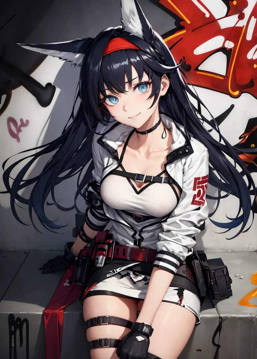 masterpiece, Best quality, 1 girl, One, BLAZE (Arknights), (graffiti:1.5), splashes of paint, руки на beltе, near the wall, Looking at the viewer, breast, split, (long hair, black hair, animal ears, Blue eyes, red hairband), (White shirt, White jacket, skirt, belt, gloves), smile, Beautiful eyes, very detailed skin, (detailed face), detailed eyes, beautiful hands, perfect hands, Paint on the body, head tilt,