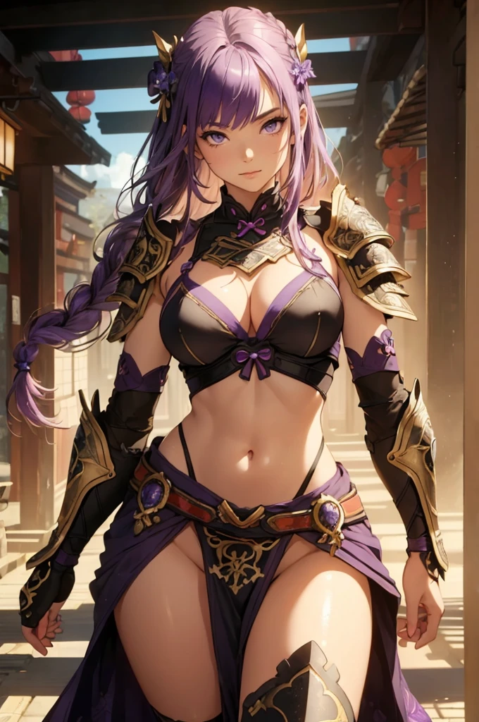 ((1girl, solo)), beautiful body, (perfect anatomy, perfect body, perfect hands, perfect legs), natural proportions, sexy body, large breasts, ((full body, full body front)) BREAK
((extremely detailed face)), (beautiful detailed eyes:1.6), (realistic pupils, realistic iris:1), expressive eyes, looking at viewer, (clear eyes:1.3), (hyperrealistic:1.2), (detailed skin texture:1.2), smooth skin, raiden shogun, (purple hair:1.5), (purple eyes), long hair, very long hair, braid, ((braided ponytail)), bangs, parted bangs, hair ornament, hair tie, ((mature female)), ((little smile)), (detailed lips:1.2), (attractive lips:1.1), (glossy lips:1.1), (parted lips), perfect face, perfect eyes BREAK
(revealing clothes:1.5), (bikini armor:1.5), (japanese armor:1.5), (samurai armor), detached sleeves, (shoulder armor:1.3), (arm guard:1.3), (groin:1.5), (highleg panty straps:1.4), (((pelvic curtain))), partially visible vulva BREAK
(masterpiece:1.5), anime-style, top quality, best quality, (beautiful and aesthetic:1.2), (ultra detail:1.5), Ultra-detailed depiction, Ultra-precise depiction, extremely detailed 8k illustration, high resolution, (highly detailed shading:1.2), (realistic lighting:1.4), perfect lighting, vibrant colors, dynamic tones, striking hues, 8k, absurd resolution, perfect shadows, hdr, UHD, ambient lighting, realistic, ultra-realistic, photo realistic, highly detailed, rich detail, luminous colors, fine texture, intricate design, professional illustration, (soft light:1.2), (illustration:0.7)