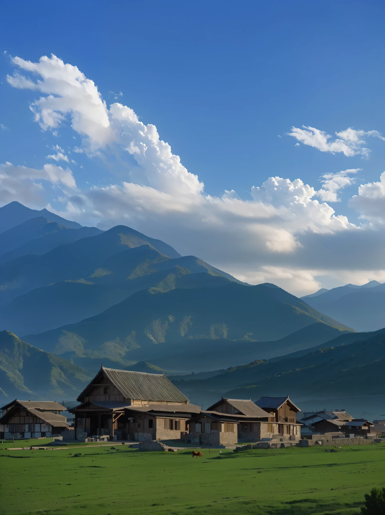 with mountains in the distance,In the foreground are several houses and a cow, villages at background, village, Mountains in the background, 8K)), very scenery is beautiful, scenery is beautiful, In the valley, Alexander Runciman, Mountains in the background, Mountains in the background, 背景中的village庄, very very scenery is beautiful, Valle encantador