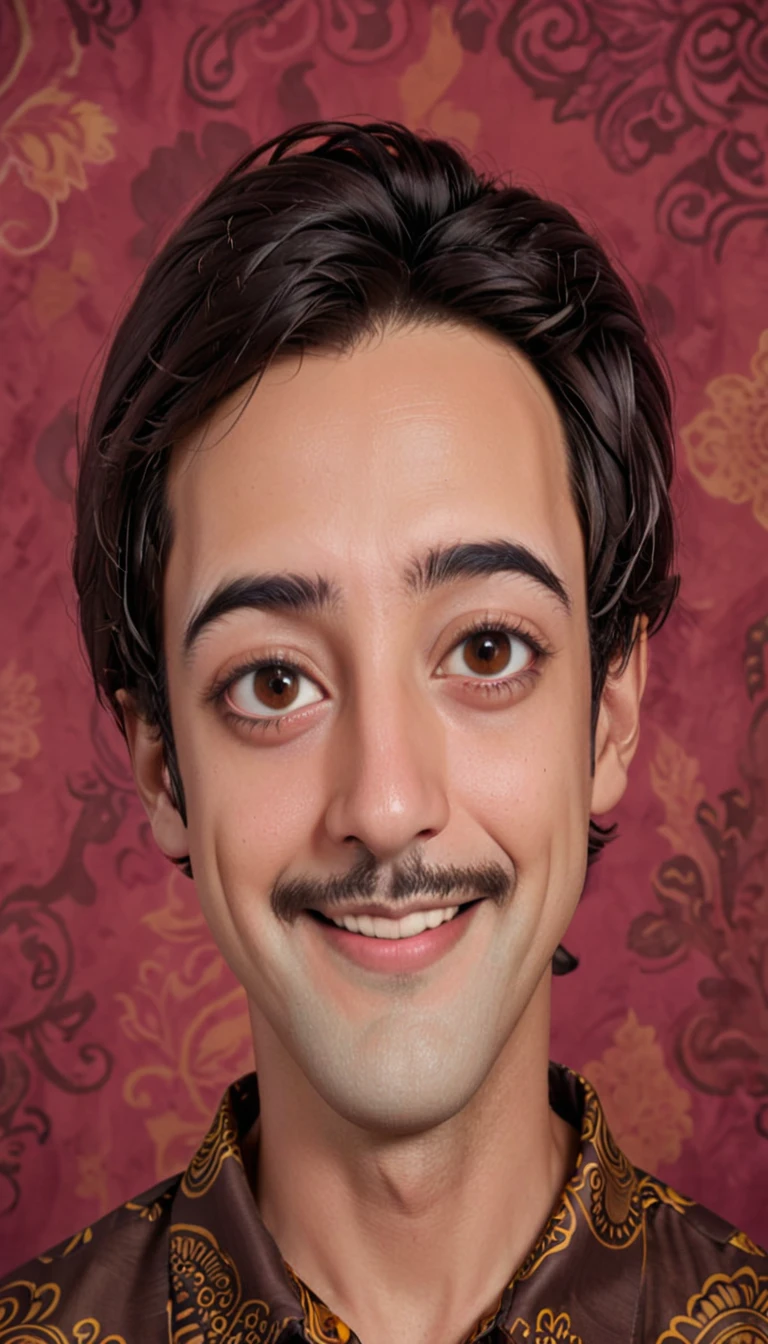 Caricature 3D real cartoon style. A man with short straight hair, oval face, He has thick straight black eyebrows, dark brown eyes, a medium sized nose with a rounded tip. The lips are medium sized. Stand straight, facing the camera while smiling faintly. He wore a traditional brown batik shirt with an intricate motif. The background is neutral.