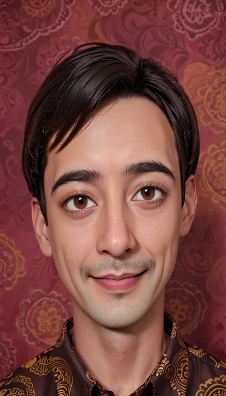 Caricature 3D real cartoon style. A man with short straight hair, oval face, He has thick straight black eyebrows, dark brown eyes, a medium sized nose with a rounded tip. The lips are medium sized. Stand straight, facing the camera while smiling faintly. He wore a traditional brown batik shirt with an intricate motif. The background is neutral.