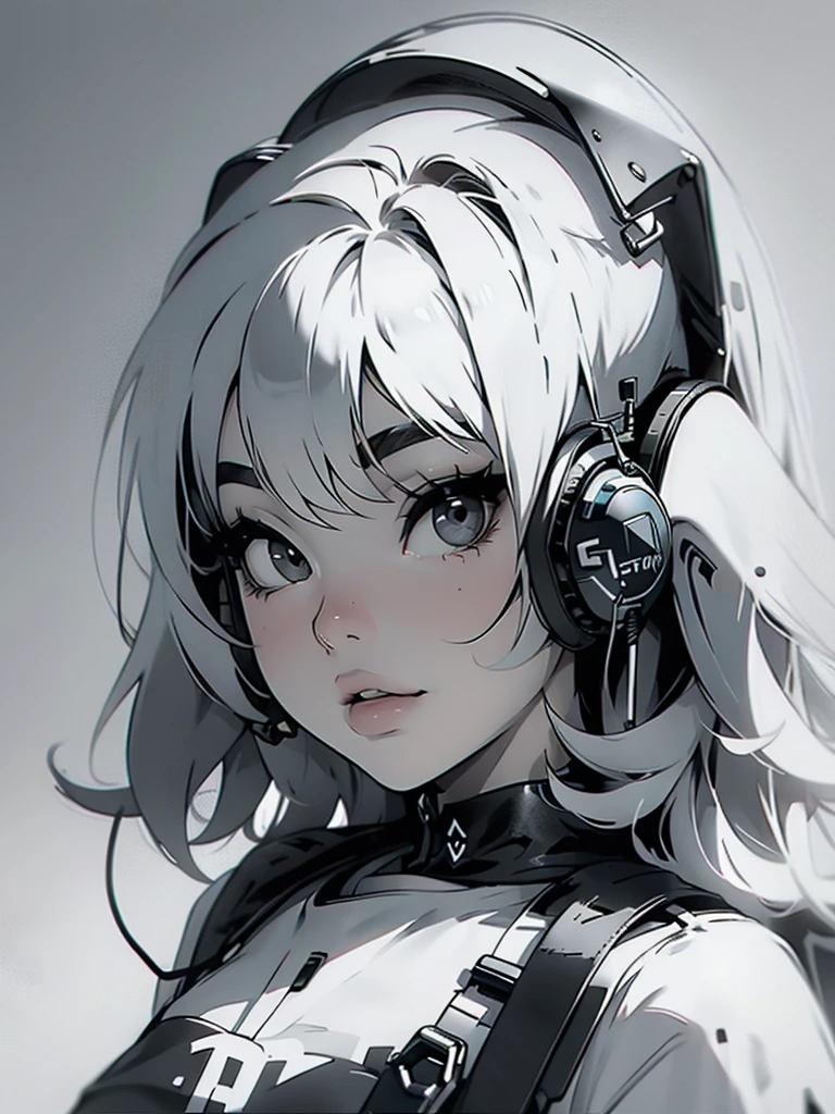 High quality, one girl, close-up, black and white, monochrome, headphones