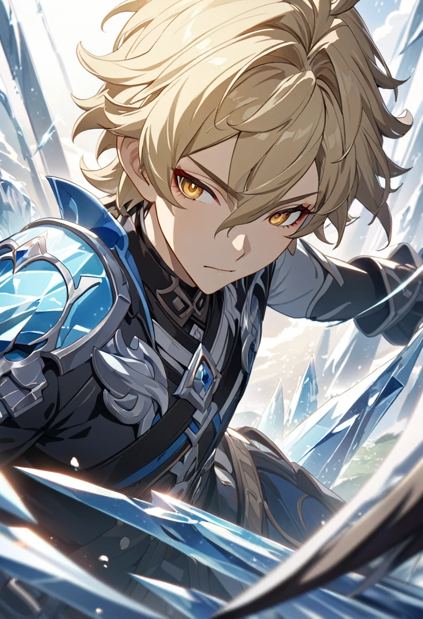 ((solo)), yellow eyes, blond hair, short messy hair, a close up of a person with a sword in a field of ice, detailed key anime art, honkai star trail character, casimir art, masamune shiro, masamune, handsome guy in demon slayer art, genshin, heise jinyao, shadowverse style, (no logos), ice, ice powers, blizzards, detailed clothes, depth of field, cinematic lighting, ray tracing, UHD, high details, best quality, highres, high quality, award winning, super detail, masterpiece, 8k