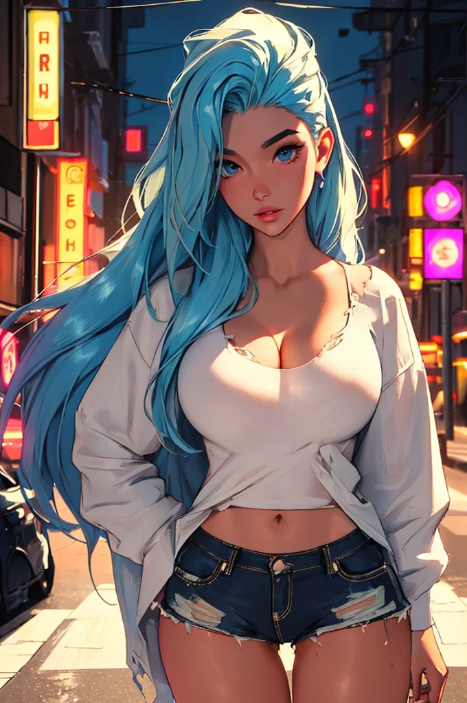 (best quality: 1.2), clean face, (masterpiece: 1.2, 8k)(PureErosFace_V1: 0.7), perfect anatomy, 1girl,a beautiful fashion model ,(masterpiece, official art, best quality) (wey skin, shiny skin ,long and shiny hair, blue hair with blonde streaks in hair, long hair, full lips, upturned nose , big breasts, looking at viewer, revealing outfit, absurdity, intricate details, city, dimanic pose, night, neon signs, cinematic lighting, (highly detailed skin: 1.2), wearing
 short shorts and a loose white shirt, cleavage, torn clothes