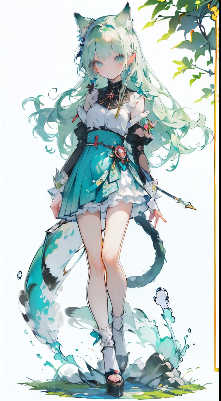 ((Tabletop, Highest quality: 1.1), ((Anime girl in a blue dress holding a magic wand)), Art Nouveau、メイド服を着たアニメのCat girl, , ((Green hairs))、Long-haired、((Eyes like shining jewels Long lashes Transparency))、Very Beautiful Anime Cat girl, アニメCat girl, ((White knee-high socks)), 魅力的なCat girl, Inspired by Leiko Ikemura, Takano Aya color style, in ryuuou no oshigoto art style, Cat girl, Favorite character, rei hiroe、With a smile