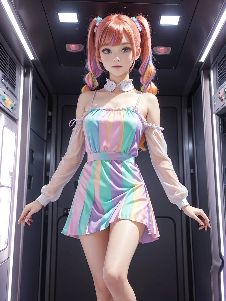 Cute redhead, gravure Idol, with rainbow colored hair tips, ribbons in her hair, 18-year-old woman, happy, in twin tails, perfect symmetrical eyes, clear sparkling blue eyes, pale skin, silky smooth skin, standing on a fancy luxurious space ship, large futuristic corridor, control panels, wood trim, decorative plants, warm lighting, wearing a futuristic  dress, pleated (chemise) mini dress (pastel rainbow colors, and polka dots), wearing full body pantyhose, cute short cut booties.