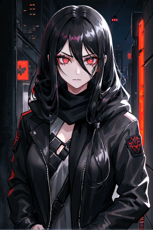 1girl, long black hair, beautiful silver eyes, a black jacket, gray scarf, cyberpunk city, scar on eye, menacing
