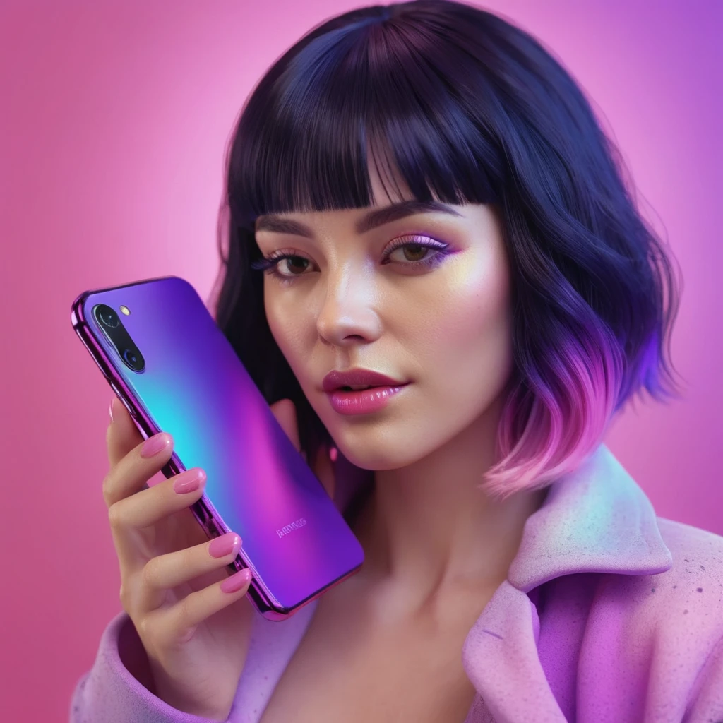 smartphone in her hand, blackhair female hands holding dildo to her face, that is glowing with pink and purple colours, dripping wet, closeup macro photo, minimalistic, in a light purple and pink style, with soft edges and blurred details, in the toycore style, with a 3D render, on a colorful background, with a minimalist stage design, in a surreal style, with a cinema4D rendering, with a minimalist style, with low saturation, using gradient colors, with a cinema4D rendering, with a blender rendering, with super detail, at a super high resolution, at a super high definition