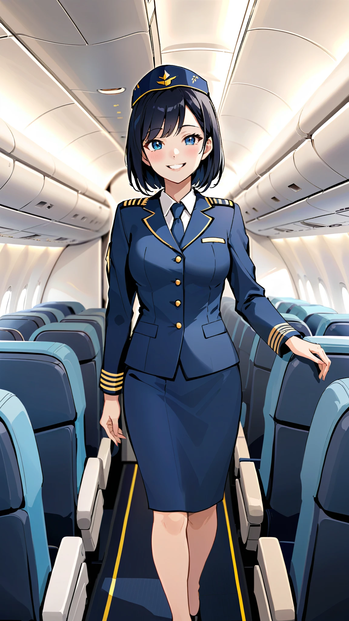 Japanese cabin attendant、Black Hair、a beautiful woman wearing navy-blue air hostess uniform, Inside the plane、A cheerful smile、Standing in the aisle、Guiding customers、