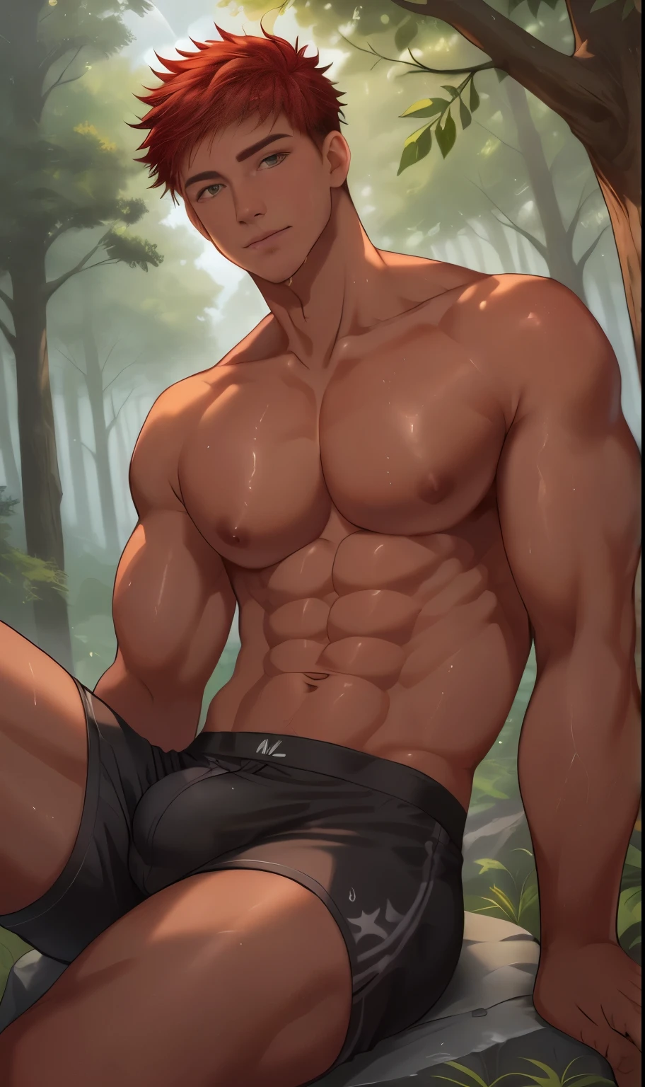 A red-haired man sits on a rock in the woods, Shirtless :: High Detail, High resolution commissions, Fluffy chest, Medium shot of handsome guy, Sweating of the abdomen, Forest in the background, muscular!!, muscular body, muscular thighs, muscular!, Big breasts, Forrest in the background, Naked chest, anime lush john 8k woods