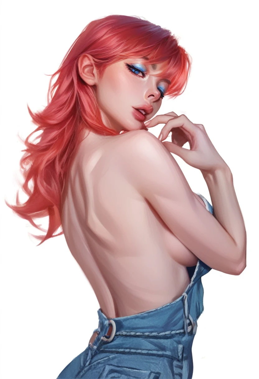 fuzzy, traditional art, Liu2, brush texture, check_9, check_8_up, check_7_up, 1 girl, Red hair, up to the shoulder blades, straight hair, long hair, Blue eyes, Plump lips, Long eyelashes, half-closed eyes, adult, beautiful make-up, big breasts, blue eyeshadow, Looking at the viewer, BREAK solo, standing, adult, skinny, high leg, arched back, hip gap, BREAK (White background:1.2), simple background, dynamic pose, dynamic angle, Corner shot, casual wear, Beautiful anatomy, perfect hands, High-quality fingers, good hands, high detail, detailed art