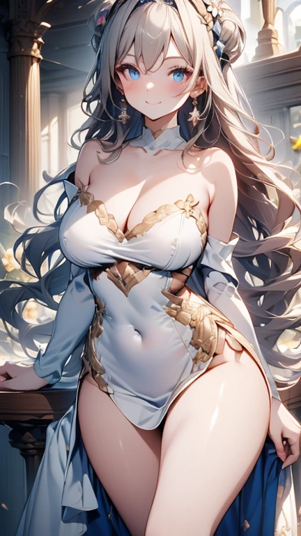 (((Masterpiece))),(((Super Detail))),(((in 8K))),(((best composition))),(((Rim lighting,Fireglow effect,deep shadow))),solo),Beautiful fingers,Detailed finger features,(Detailed hair features:1.7),(Dynamic and sexy bending pose:1.3),detailed facial features,detailed clothes features, (perky chest:1.1), (pointed chest:1.3), delicate beautiful face, Bright blue eyes, cute eyes, sparkling eyes, Big eyes, beautiful detailed eyes,double bun with glittering hair ornament:0.6,(super detailed glossy skin:1.3),slender body,goddess smile,((with sparkling eyes and a contagious smile)),beautiful posture,silver bronde hair, blue eyes, dress, bare shoulders,collarbone, sidelocks, hairband, earrings with jewelry, off shoulder sweater dress, arms behind back:0.4, air plant, long hair with long locks, gold hairband, off-shoulder dress, sweater dress, off-shoulder sweater, red sweater, big side hair, very long side hair,(super delicate floral pattern:1.2),seductive cleavage:1.3,beautiful glossy legs,shiny red high heels,lifting dishes with cup of a coffee,french restaurant,hustle and bustle,rising steam,(((depth of fields))) 