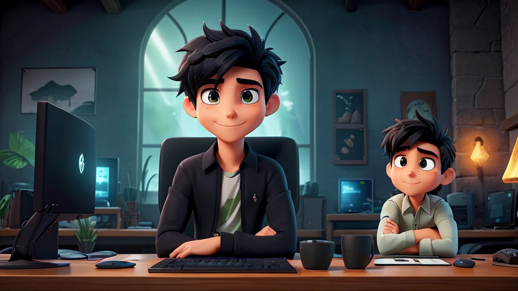 A captivating anime-style logo showcases a radiant 25-year-old male character with black hair and iris of the greenish sparkling eyes. He is seated in an ergonomic gamer chair, immersed in his gaming experience. His hands are firmly gripping the mouse and keyboard, eyes intently fixed on the monitor. Despite his intense focus, a subtle smile adorns his face. The surrounding environment is a dark and fantastic forest, with a bonfire nearby.. The atmosphere is both mysterious and inviting, immersing the viewer in a world of enchantment and adventure.