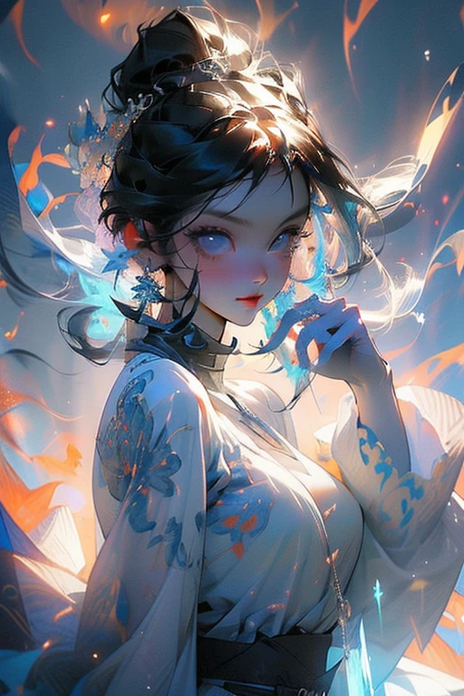 Multicolor, ,(Detailed drawn eyes), Sharp eyes, Narrow waist , Blue Flame Wizard, palmにFloating pale ball of flame, Limited Edition Palette,,Shining Turquoise,Purple transparent eyes,(((The hair is covered with beautiful and delicate floral crafts, crystal jewelry filigree))),Ultra-detailed details。Detailed face,Fine grain、Half naked,Vibrant colors,Landscape Background,Forest Elements,waterfall,Ethereal atmosphere,Soft sunlight,Calm expression,Flowing Hair,Fantasy Setting,Magical atmosphere,Glowing Flower,Delicate features,Enchanted Forest,light,pastel colour,Mystical Creatures,Majestic Tree々,Carbonated water,Mottled Shadows,Heavenly Beauty,Ferocious yet elegant,Graceful posture,A strong connection with nature,Mystical Eyes,Wisdom and magic,A harmonious blend of fantasy and reality,Mythical world,Magic in the air,Peace and tranquility,Immersive Experience,Whimsical and seductive,An unforgettable visual journey,Masterpiece of Art,Glamorous Body、30 years old、Nipple erection、Large areola、Shiny Skin、Shiny Hair、See-through、((palm,Floating pale ball of flame,blazing fiercly))