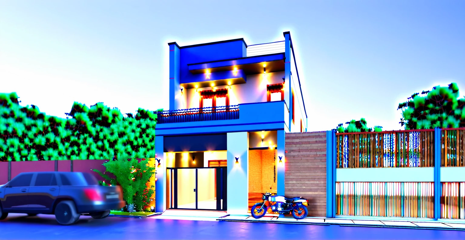 rendering of a modern house with a car parked in front of it, complete house, exterior design, residential design, detailed rendering, 2 d render, in style of simplified realism, 3 d rendering, 3d rendering, render in vray, architectural concept, rendered, inter dimensional villa, realistic concept, comprehensive 2 d render, concept house, rendered in 3 dsmax