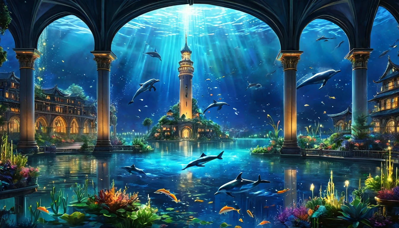 Fantasy art, At night, a shining tower stands in the clear lake. Around the tower, plants are entangled and shining dolphins fly in the air.、 The surrounding space itself becomes like a giant aquarium., Beautiful light decoration, Wide Shot, Realistic, Epic shots, Detailed Buildings, Detailed colorful fish