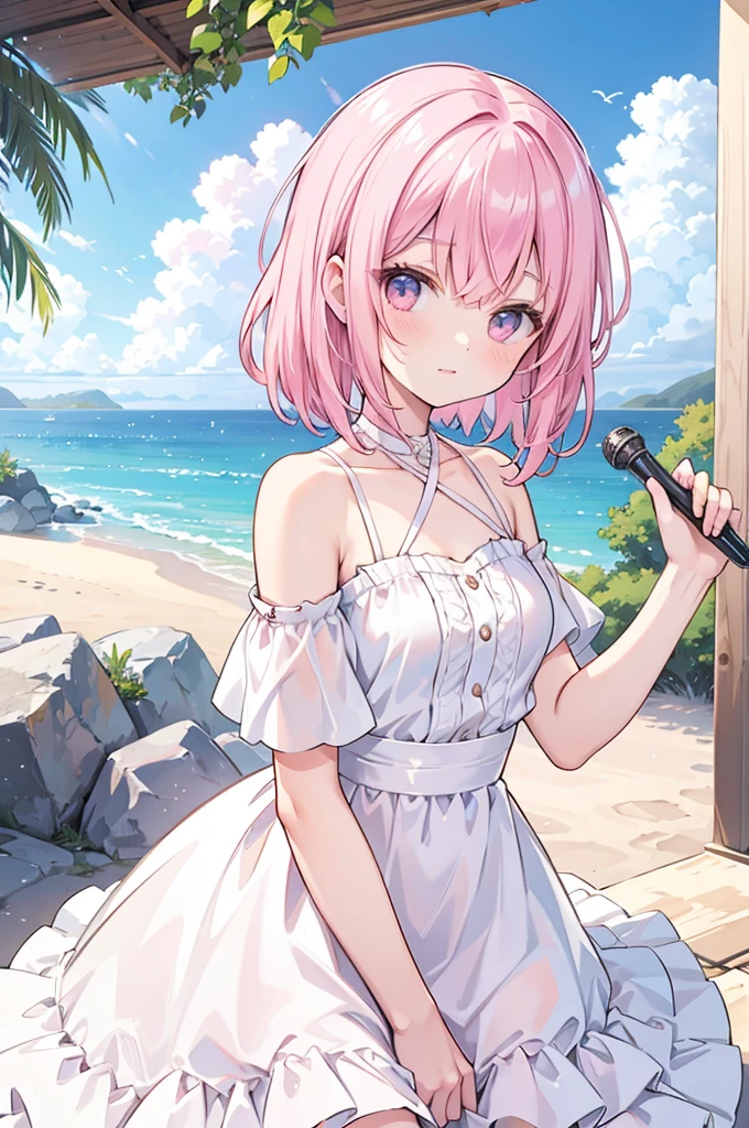 (1 demon girl), (lighting direct to face), (detailed face), masterpieces, 8k, ultra HD, white summer dress, walking on beach, straw hat, demon girl, demon horns, multi colored hair, (blushing: 1.5), open mouth, licking finger, heart eyes, back lighting, daytime