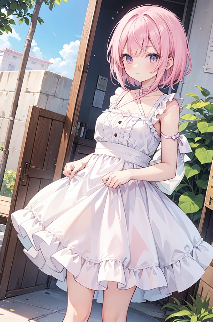 Alcanevi, A woman with medium-short pink hair wearing a white dress, Woman's face, Unreal Engine Character Art, Portraiture((Toddler girl)) ((5 ))((naked)) ((nsfw))