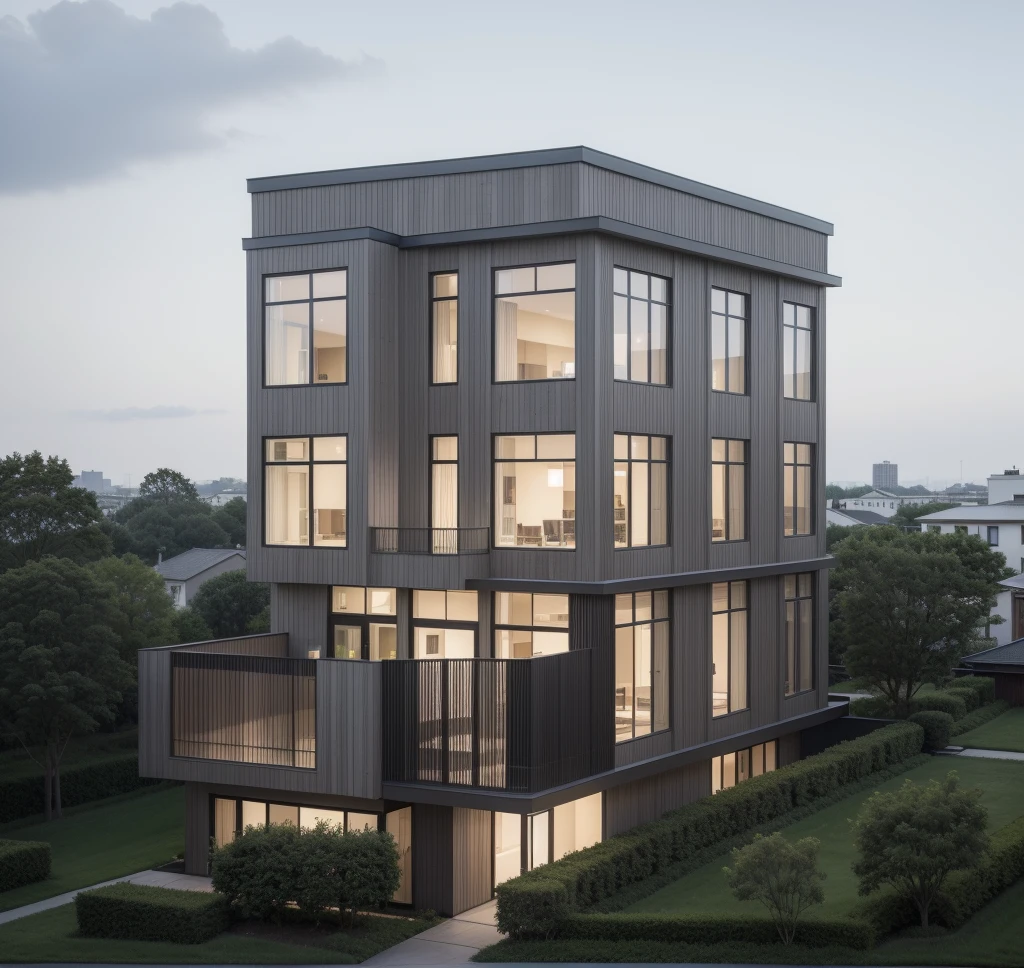 RAW photo, a photo of a modern villa with a car parked in front of it, ((1/2 dark grey facade)), architectural shot, gate, road, viet nam modern residence, rough black wall, new residential area, wide angle exterior 2022, contemporary house, exterior photography, masterpiece, contemporary architecture, overcast, indirect lighting