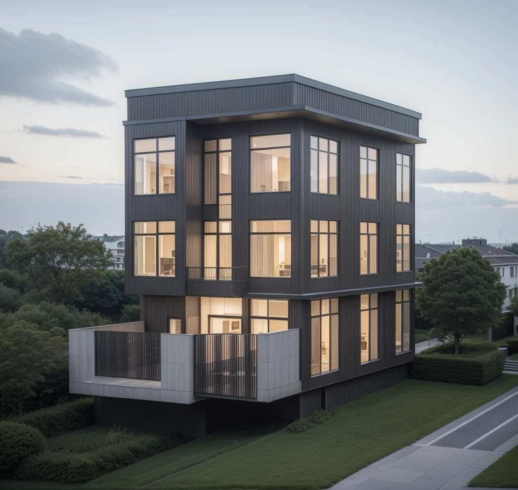 RAW photo, a photo of a modern villa with a car parked in front of it, ((1/2 dark grey facade)), architectural shot, gate, road, viet nam modern residence, rough black wall, new residential area, wide angle exterior 2022, contemporary house, exterior photography, masterpiece, contemporary architecture, overcast, indirect lighting