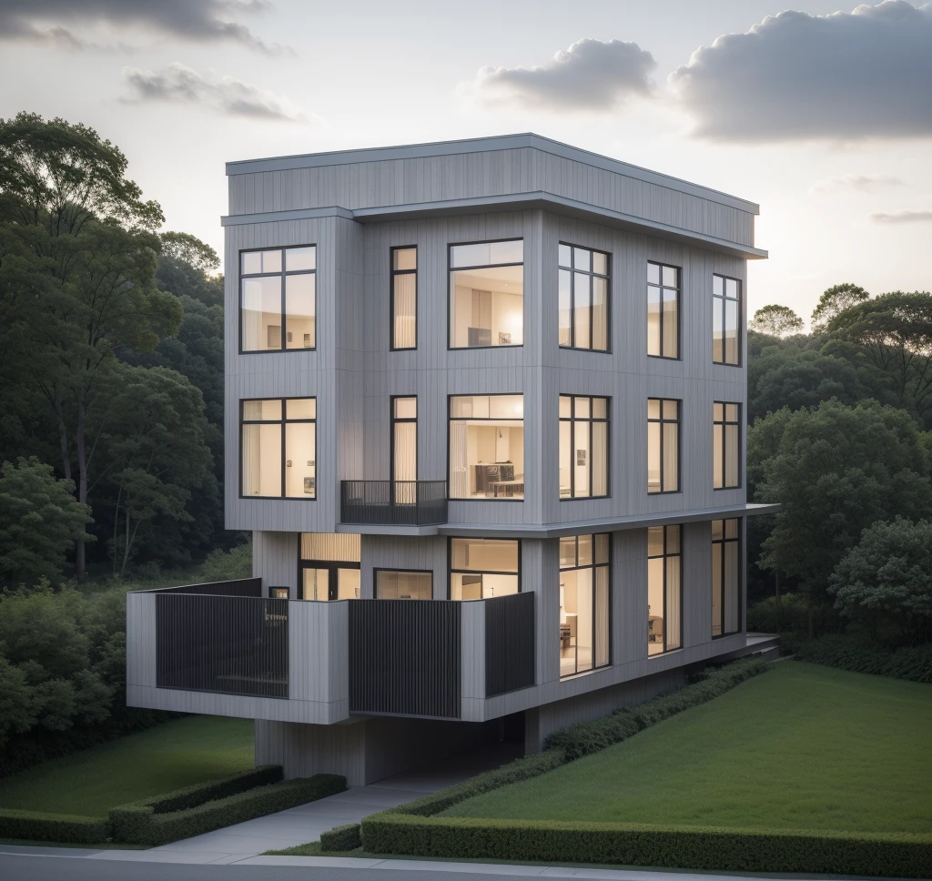 RAW photo, a photo of a modern villa with a car parked in front of it, ((1/2 dark grey facade)), architectural shot, gate, road, viet nam modern residence, rough black wall, new residential area, wide angle exterior 2022, contemporary house, exterior photography, masterpiece, contemporary architecture, overcast, indirect lighting