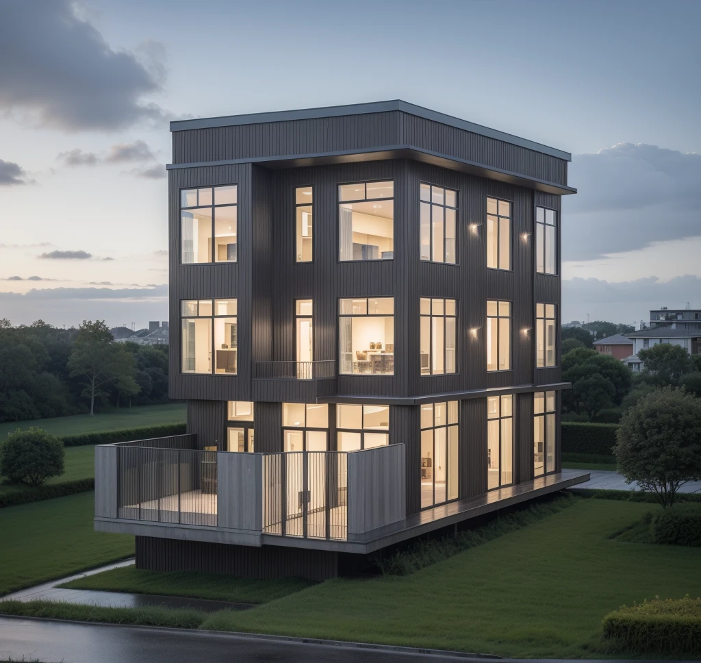 RAW photo, a photo of a modern villa with a car parked in front of it, ((1/2 dark grey facade)), architectural shot, gate, road, viet nam modern residence, rough black wall, new residential area, wide angle exterior 2022, contemporary house, exterior photography, masterpiece, contemporary architecture, overcast, indirect lighting