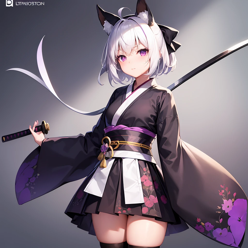 1girl, ahoge, simple background, black bow, black legwear, purple eyes, bow closed mouth, hair bow, haori highres, holding, holding katana, holding weapon, japanese clothes, kimono long sleeves, skirt, short skirt, looking at viewer, obi white hair sash, short hair, short kimono, fox mask, solo standing, full body, thigh-highs wide sleeves, high detail, detailed eyes, hdr, 8k, ultra realistic, nsfw, (beautiful detailed eyes), (detailedlight), ((intricate detail)), (highres), ((illustration)), (((masterpiece))), ((best quality)), (high resolution)