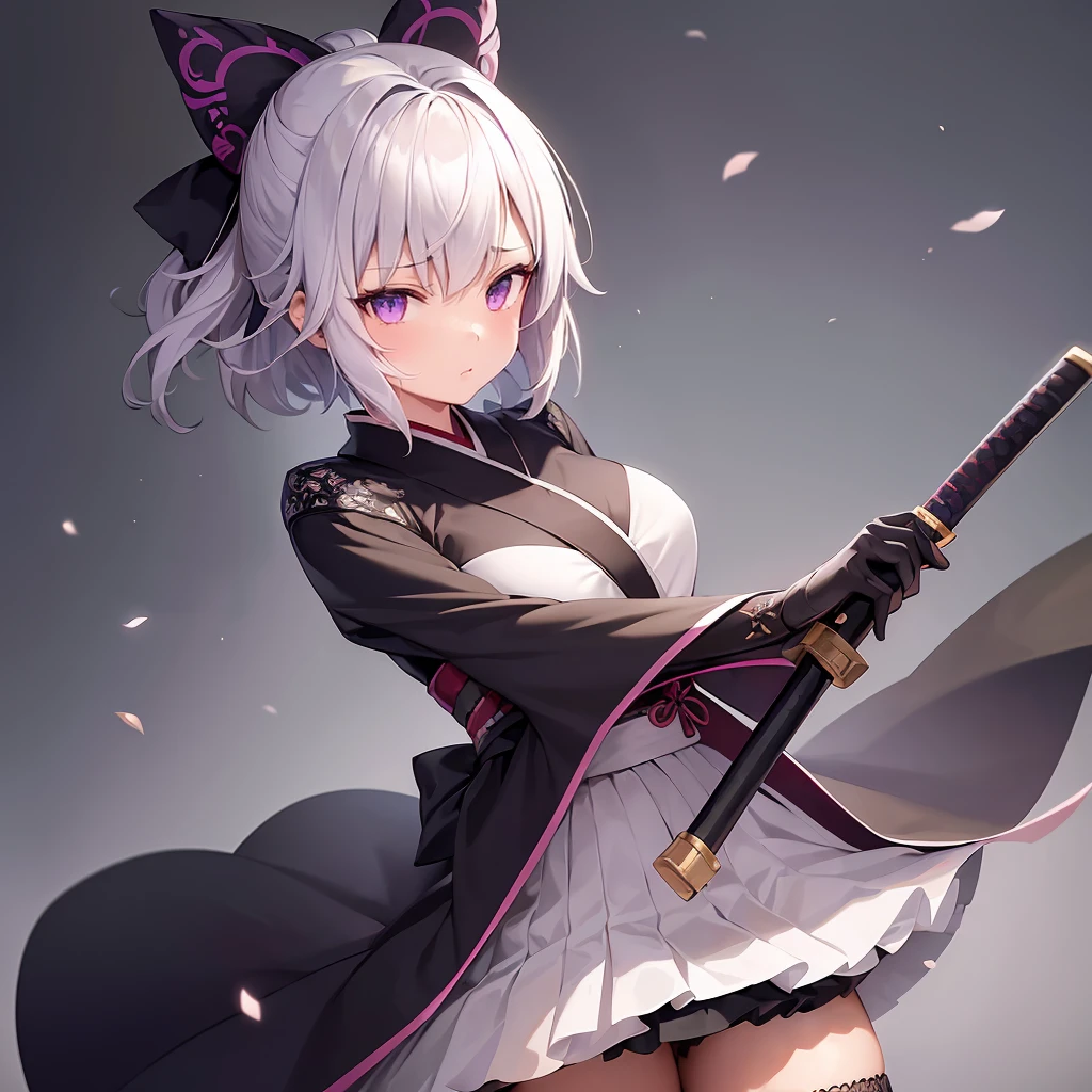 1girl, ahoge, simple background, black bow, black legwear, purple eyes, bow closed mouth, hair bow, haori highres, holding, holding katana, holding weapon, japanese clothes, kimono long sleeves, skirt, short skirt, looking at viewer, obi white hair sash, short hair, short kimono, fox mask, solo standing, full body, thigh-highs wide sleeves, high detail, detailed eyes, hdr, 8k, ultra realistic, nsfw, (beautiful detailed eyes), (detailedlight), ((intricate detail)), (highres), ((illustration)), (((masterpiece))), ((best quality)), (high resolution)
