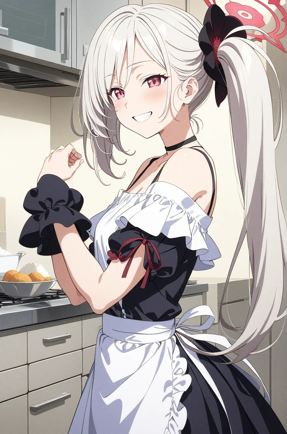 best quality, amazing quality, very aesthetic, absurdres, (1girl, mutsuki, blue archive, solo, red eyes, white hair, side ponytail), (realistic face:0.9),(off-shoulder dress:1.8),dress lift, (grin, blush, thigh:1.3), (cowboy shot), (), (half closed eyes:0.9), (from side:2),(official art:1.3), (kitchen), expressive eyes, perfect face, 4k, extremely detailed anime illustration, extremely detailed eyes, perfect anatomy, light rays, extremely delicate body, smooth skin, (school background:1.5), clear eyes, beautiful face, small breasts,(anime style:1.5), (Chiaroscuro:1.5), (highres:2), In the kitchen, brightly lit by the morning sun, a woman in a white apron is smiling at us. In her right hand is a handful of rice balls, and in her left is a small white plate filled with salt. Her smile is as if she is saying, "Look, it's almost ready.