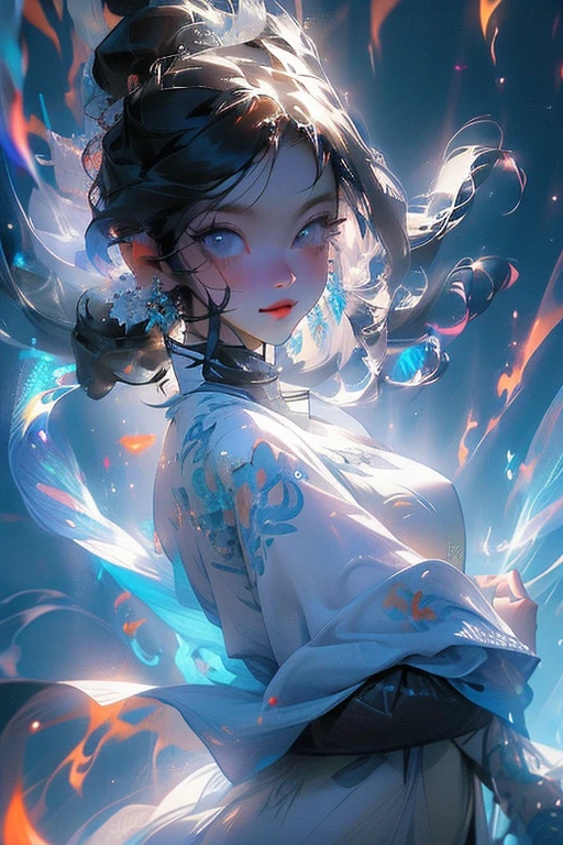 Multicolor, ,(Detailed drawn eyes), Sharp eyes, Narrow waist , Blue Flame Wizard, palmにFloating pale ball of flame, Limited Edition Palette,,Shining Turquoise,Purple transparent eyes,(((The hair is covered with beautiful and delicate floral crafts, crystal jewelry filigree))),Ultra-detailed details。Detailed face,Fine grain、Half naked,Vibrant colors,Landscape Background,Forest Elements,waterfall,Ethereal atmosphere,Soft sunlight,Calm expression,Flowing Hair,Fantasy Setting,Magical atmosphere,Glowing Flower,Delicate features,Enchanted Forest,light,pastel colour,Mystical Creatures,Majestic Tree々,Carbonated water,Mottled Shadows,Heavenly Beauty,Ferocious yet elegant,Graceful posture,A strong connection with nature,Mystical Eyes,Wisdom and magic,A harmonious blend of fantasy and reality,Mythical world,Magic in the air,Peace and tranquility,Immersive Experience,Whimsical and seductive,An unforgettable visual journey,Masterpiece of Art,Glamorous Body、30 years old、Nipple erection、Large areola、Shiny Skin、Shiny Hair、See-through、((palm,Floating pale ball of flame,blazing fiercly))