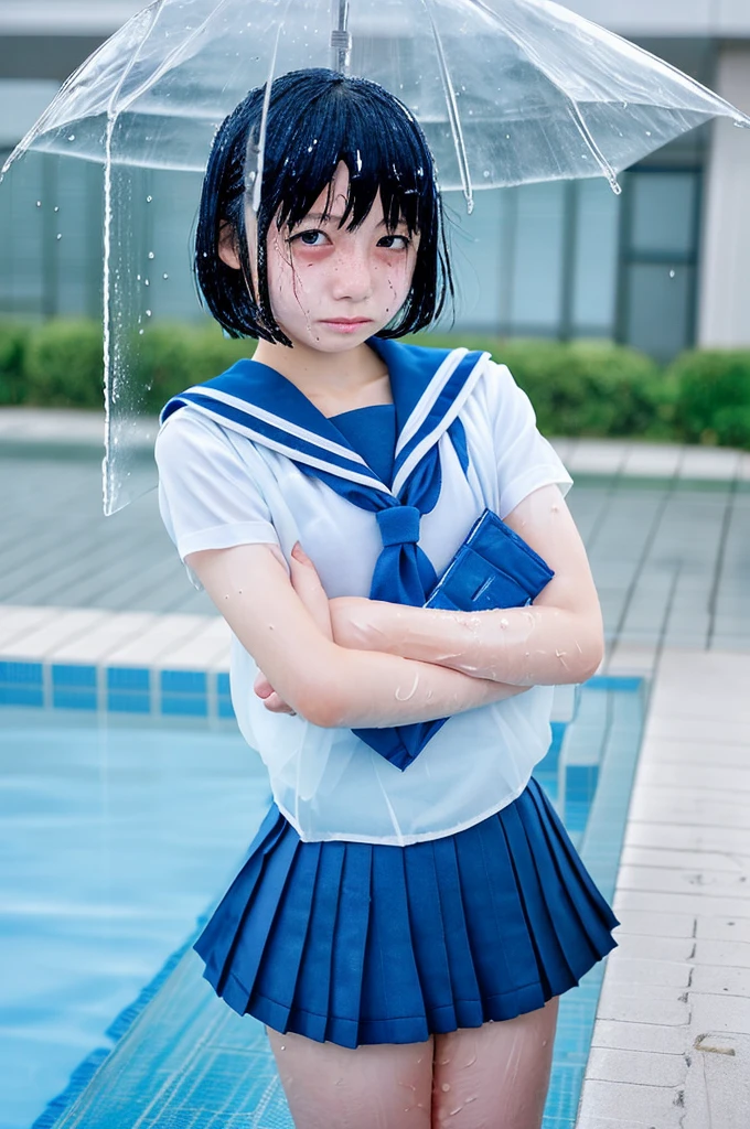 japanese、junior High School girl,1 person, 15 years old、Sailor Mercury, cool faces, wet, A cosplay that is heavy wet and heavy transparent,Wet sky blue short hair, Wet arms,Wet legs,Wet Face,pose,Highest quality, wet poolside,