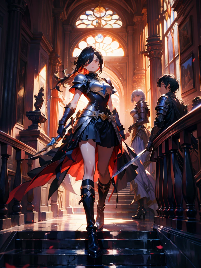 masterpiece, best quality, high quality, detailed, ultra detailed, hyper detailed, insanely detailed, exquisite, beautiful, FHD, Full-HD, 4K, 8K, 16K, highres, absurdres, woman, mystic knight, serious look, sword fighting, covering one eye, black hair, red eyes, armor, long boots, with a sword, fantasy,hailoknight, holding sword, holding weapon