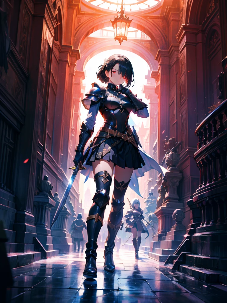 masterpiece, best quality, high quality, detailed, ultra detailed, hyper detailed, insanely detailed, exquisite, beautiful, FHD, Full-HD, 4K, 8K, 16K, highres, absurdres, woman, mystic knight, serious look, sword fighting, covering one eye, black hair, red eyes, armor, long boots, with a sword, fantasy,hailoknight, holding sword, holding weapon