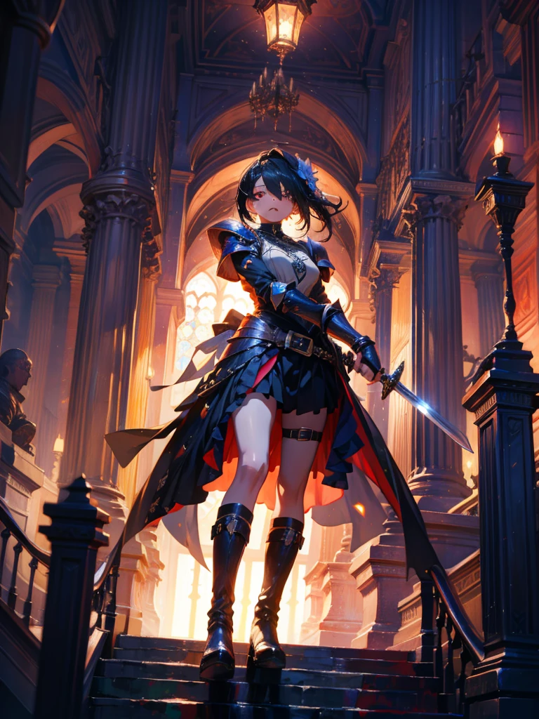 masterpiece, best quality, high quality, detailed, ultra detailed, hyper detailed, insanely detailed, exquisite, beautiful, FHD, Full-HD, 4K, 8K, 16K, highres, absurdres, woman, mystic knight, serious look, sword fighting, covering one eye, black hair, red eyes, armor, long boots, with a sword, fantasy,hailoknight, holding sword, holding weapon