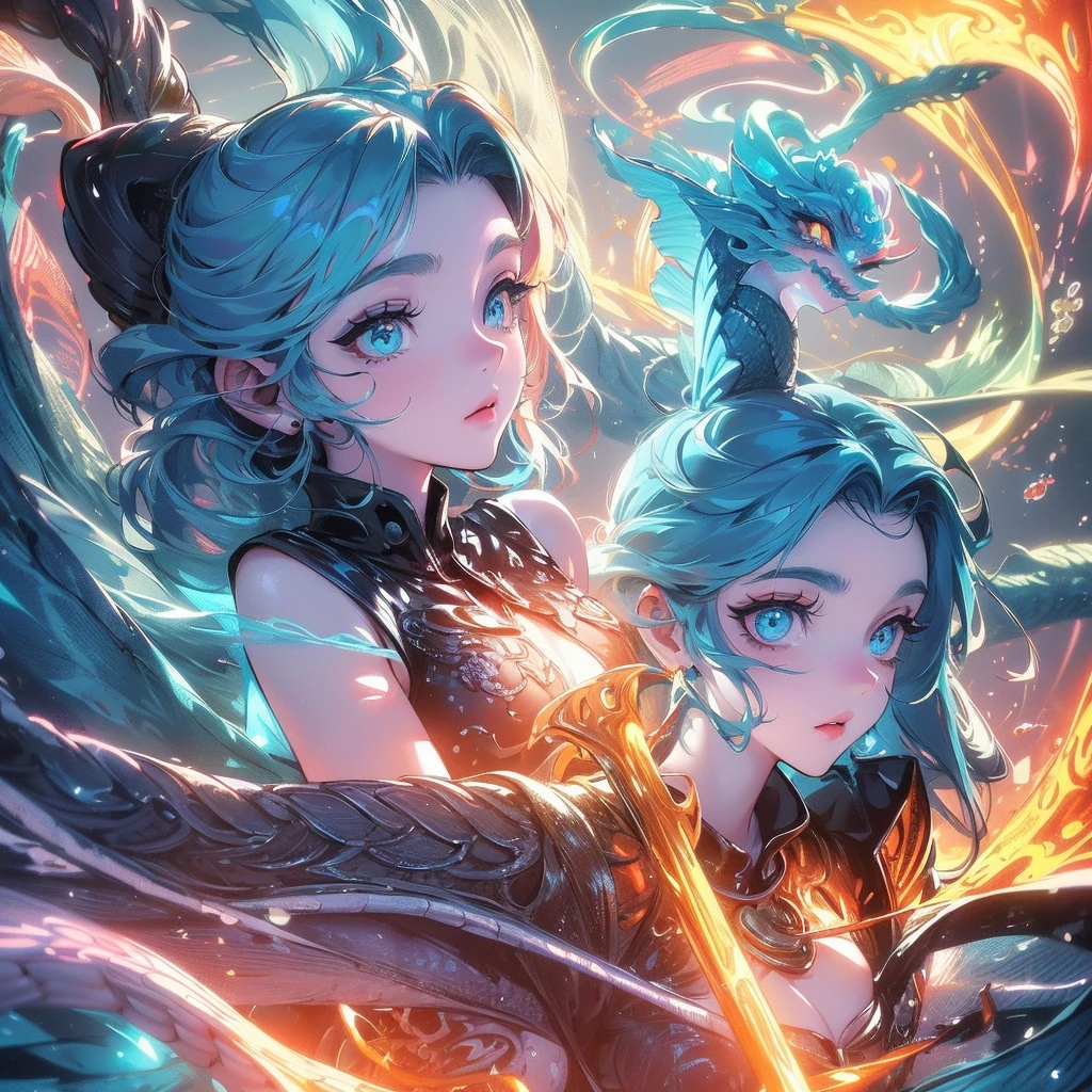 a beautiful mermaid, magnificent big eyes, glowing big eyes, dragon pupils, beautiful detailed reflective eyes, adorable face, deep soulful eyes, middle shot,extreme quality, masterpiece, colour correction,vivid, light exposure, underwater, Fire and Water, flying fluid, different eye colors, jellyfishes