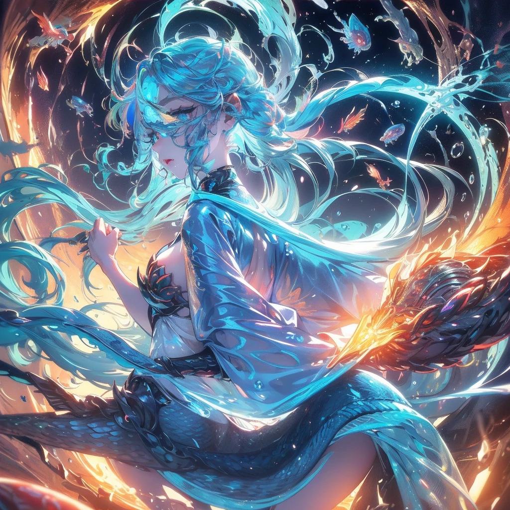 a beautiful mermaid, magnificent big eyes, glowing big eyes, dragon pupils, beautiful detailed reflective eyes, adorable face, deep soulful eyes, middle shot,extreme quality, masterpiece, colour correction,vivid, light exposure, underwater, Fire and Water, flying fluid, different eye colors, jellyfishes