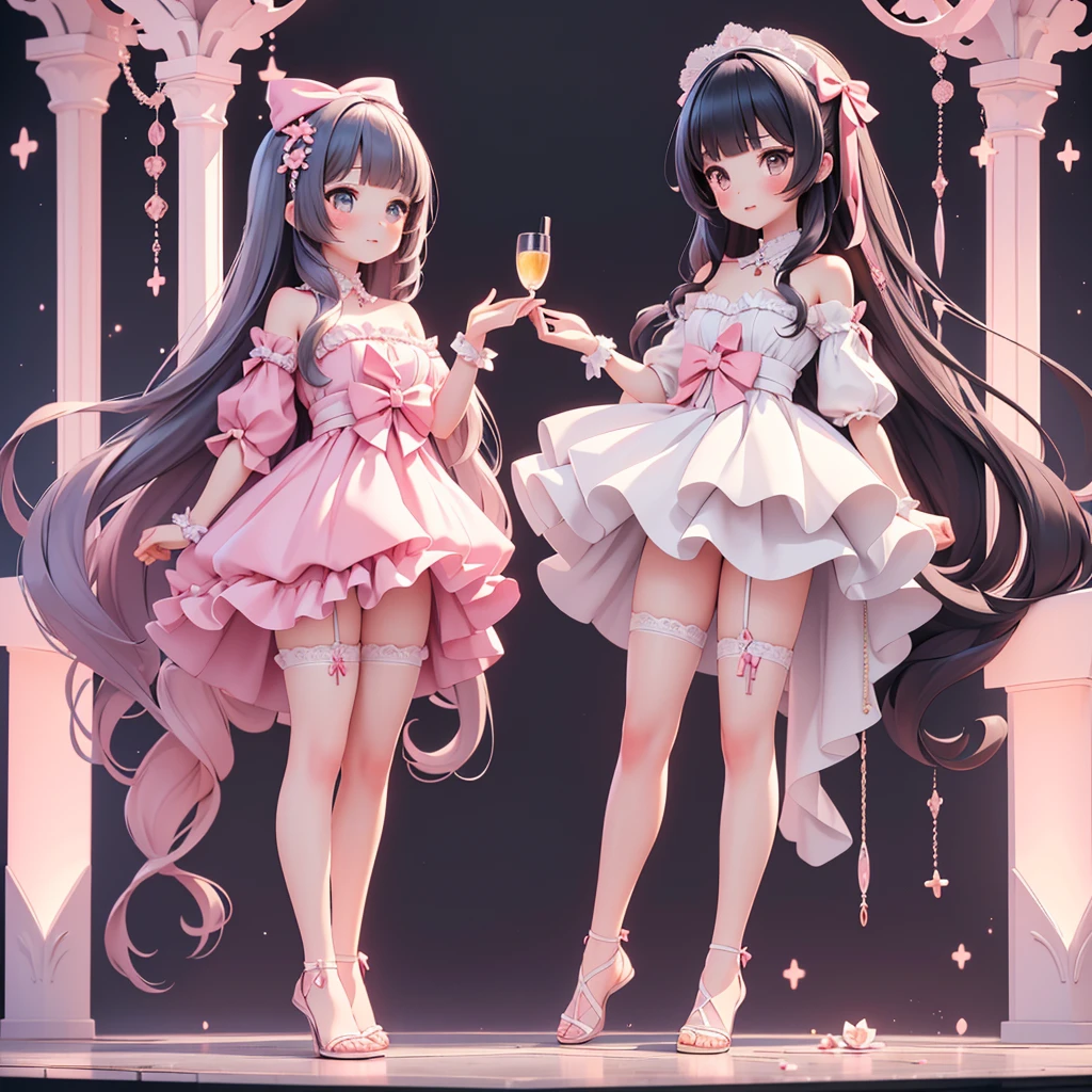 ((bishojo)), ((jk, 2 girls)), ((masterpiece)), (best quality), ((ultra detailed)), (exquisite), (depth), (crisp), (8k), (beautiful and aesthetic), (super detailed skin), ((high standard)), ((highres)), (perfect anatomy), ((full body)), (blush), (bare foot), ((wariza)), (lace strapless clothes), (blunt bangs), ((big bow in hair)), (yuri)