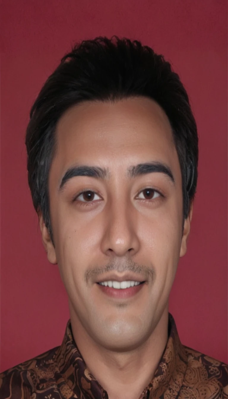 Caricature 3D real cartoon style. A man with short straight hair, oval face, He has thick straight black eyebrows, dark brown eyes, a medium sized nose with a rounded tip. The lips are medium sized. Stand straight, facing the camera while smiling faintly. He wore a traditional brown batik shirt with an intricate motif. The background is neutral.