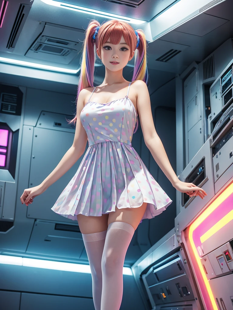 Cute redhead, gravure Idol, with rainbow colored hair tips, ribbons in her hair, 18-year-old woman, happy, in twin tails, perfect symmetrical eyes, clear sparkling blue eyes, pale skin, silky smooth skin, standing on a fancy luxurious space ship, large futuristic corridor, control panels, wood trim, decorative plants, warm lighting, wearing a futuristic  dress, pleated (chemise) mini dress (pastel rainbow colors, and polka dots), wearing full body pantyhose, cute short cut booties.