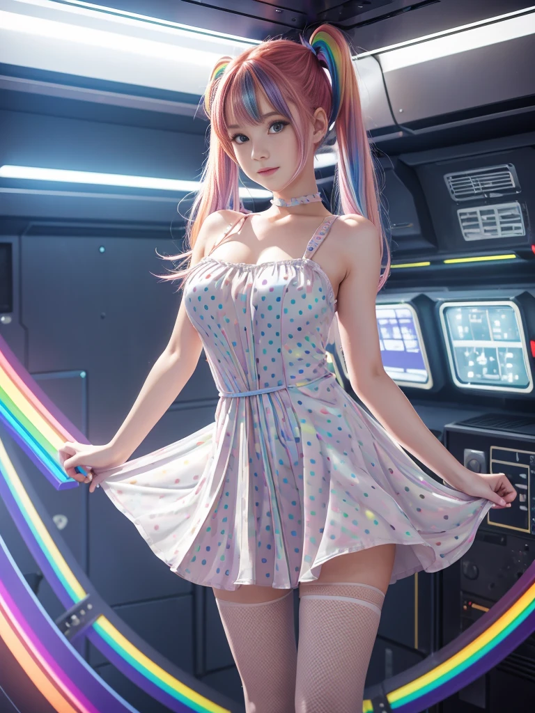 Cute redhead, gravure Idol, with rainbow colored hair tips, ribbons in her hair, 18-year-old woman, happy, in twin tails, perfect symmetrical eyes, clear sparkling blue eyes, pale skin, silky smooth skin, standing on a fancy luxurious space ship, large futuristic corridor, control panels, wood trim, decorative plants, warm lighting, wearing a futuristic  dress, pleated (chemise) mini dress (pastel rainbow colors, and polka dots), wearing full body pantyhose, cute short cut booties.
