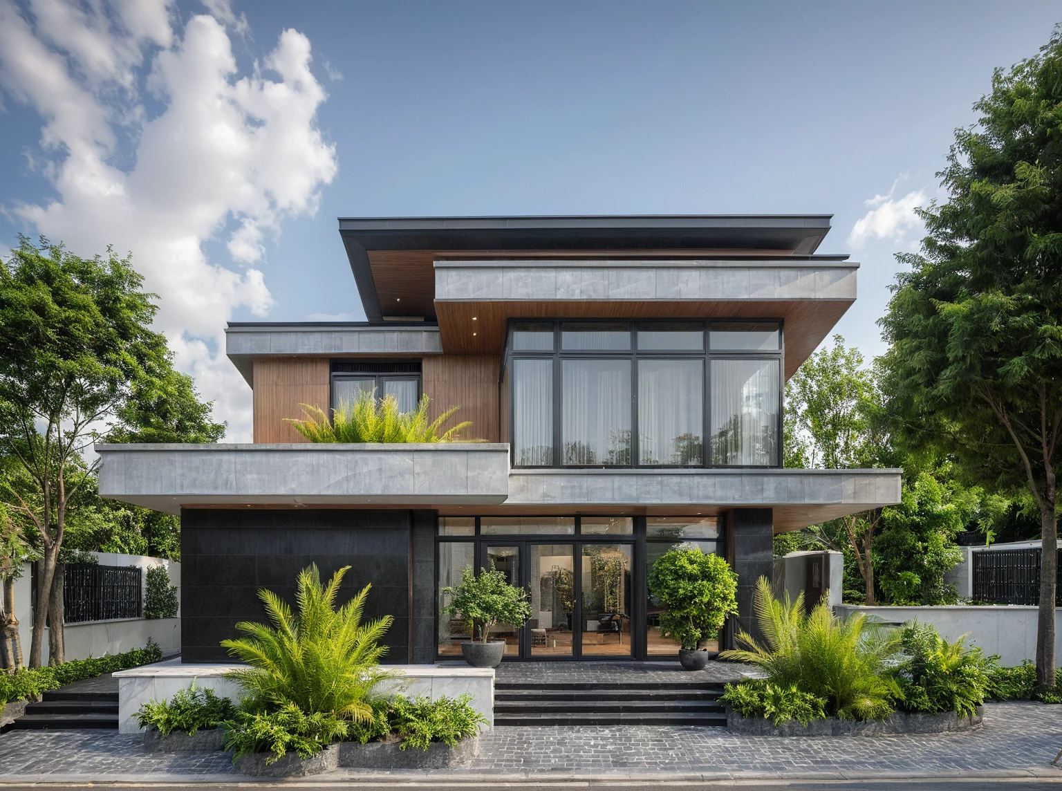 modern villa on street, (daylight), tropical tree, (slope roof, black tiled roof:1.2), vivid color, streetcapes, nice sky, grey tone, large glass door, warm interior lighting, modern material, best quality, ultra realistic, masterpiece, 17ArchiAI_XL_VL-v1
