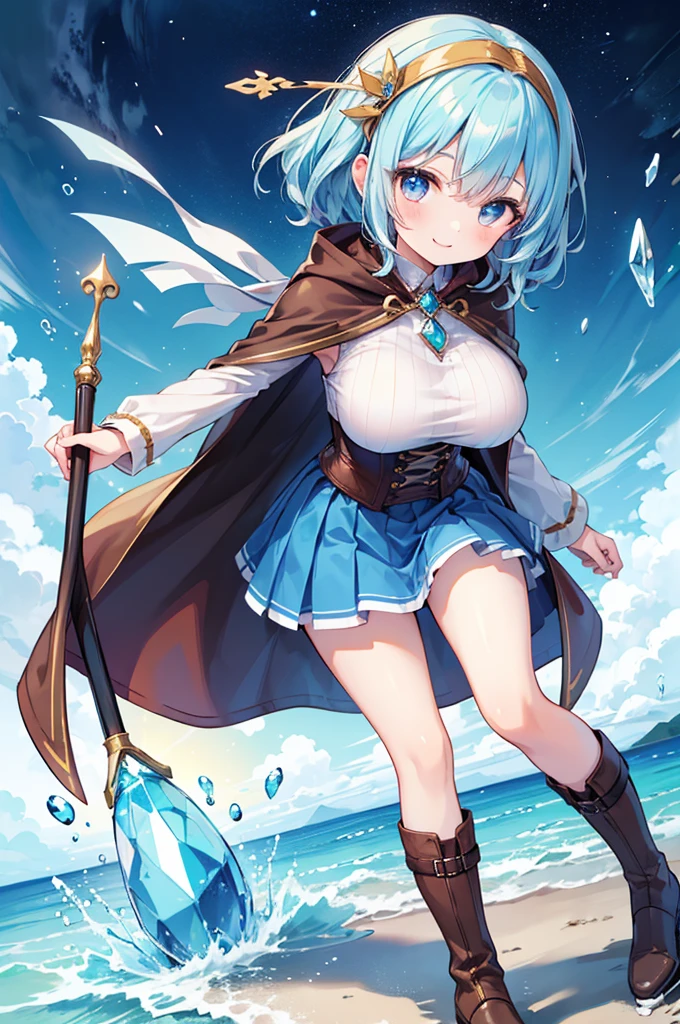 Fantasy,((Masterpiece)),((high resolution)),((Best Quality)),Anime illustration,((1girl)),(wavy hair),(short hair),(pale blue hair color),small ponytail,headband,Indigo eyes,(Big round eyes),((tareme)),,((baby face)),ig breasts))),Short stature,Young,(loli),,ice wizard,sleeless white blouse,Blue mini skirt,slit,Brown corset,brown capelet,smile,,Brown long boots,wizard's wand with blue gem,