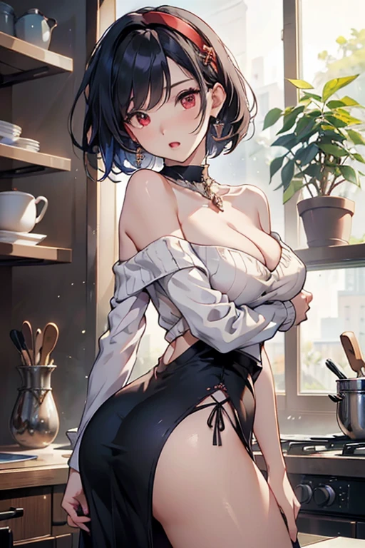 masterpiece, yor, 1girl, Amazing Cleavage:1.3, thin waist, big ass, Raised sexy, medium breast: 1.8 posed cleavage:1.2、solo, looking at viewer, open mouth, have a cup of coffee,black hair, red eyes, dress, bare shoulders, jewelry, collarbone, sidelocks, hairband, earrings, indoors, off shoulder, :o, sweater, arms behind back, plant, short hair with long locks, white hairband, off-shoulder dress, sweater dress, off-shoulder sweater, red sweater, big side hair, very long side hair,is rendered in (masterpiece: 1.2, best quality), with (ultra high resolution) and an exquisite (depth of field). This masterpiece is not only visually stunning but also tells, teach of cooking ,in the kitchen