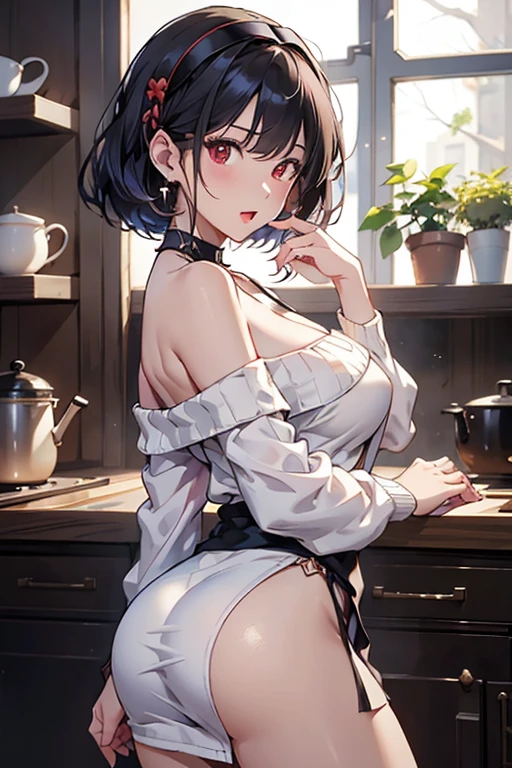 masterpiece, yor, 1girl, Amazing Cleavage:1.3, thin waist, big ass, Raised sexy, medium breast: 1.8 posed cleavage:1.2、solo, looking at viewer, open mouth, have a cup of coffee,black hair, red eyes, dress, bare shoulders, jewelry, collarbone, sidelocks, hairband, earrings, indoors, off shoulder, :o, sweater, arms behind back, plant, short hair with long locks, white hairband, off-shoulder dress, sweater dress, off-shoulder sweater, red sweater, big side hair, very long side hair,is rendered in (masterpiece: 1.2, best quality), with (ultra high resolution) and an exquisite (depth of field). This masterpiece is not only visually stunning but also tells, teach of cooking ,in the kitchen